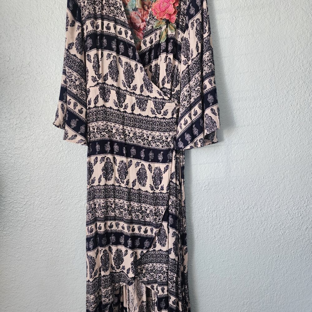 Aratta Silent Journey Chic Blue and Cream Floral High Low Bohemian Dress